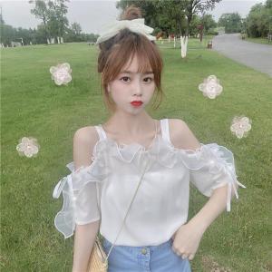 IELGY Summer Sweet Lotus Leaf One-shoulder Sling Short-sleeved Chiffon Shirt Top Women