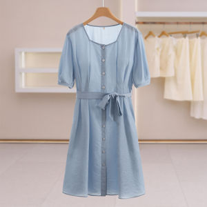 Single Button Waist-tie Solid Color Summer Women Dress