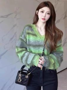 Rainbow Sweater Womens Spring Autumn Loose Overhead V-neck Mink Fur Splicing Long Sleeve Knitted Top Korean Style Commute