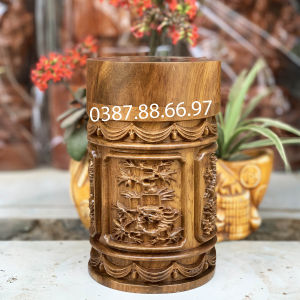 Hộp đựng chè lọ đựng trà trạm khắc tứ quý cây cao 20cm chất liệu gỗ bách xanh cực đẹp