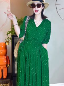 [White Temperament Style] Noil Poplin Dress Floral Printed Midi Dress Plus Size Womens Artificial Cotton Loose Summer Outerwear