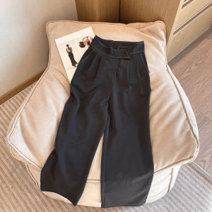 สูง เอว ขากว้าง กางเกง ผู้หญิง ฤดูร้อน 2024 ใหม่บางสูง เอว Drape ดีไซน์ ลำลอง กางเกงสูท สีดำ Magic Tape Ladies กางเกงขายาว