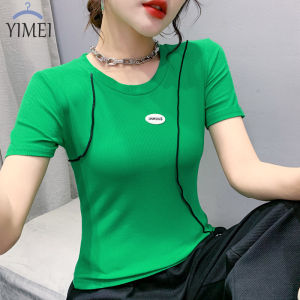 YIMEI Áo Sơ Mi Trắng Dáng Ôm Thời Trang Mới Xuân Hè 2022 Áo Thun Nữ Co Giãn Tay Ngắn Cổ Tròn Trăm