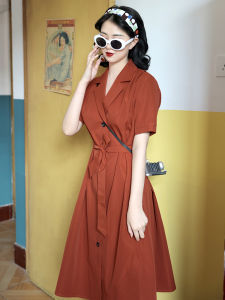 รุ่นต้องแพ้ ~ เสื้อเชิ้ตเก็บเอวเรียบหรูวินเทจสไตล์ฝรั่งเศสชุดเดรสสูทสีเขียวเข้มสีส้มชุดเดรสคอวีใส่ทำงาน