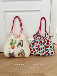 Wht Same Style Retro Illustration Floral Bag Beach Bag Cloth Bag Large Capacity Folding Canvas Bag Vacation Style Lightweight