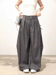 THROUS | Quần Tây Cao Waist Wide Leg Mỏng Phong Cách Loose Fit Skinny Drop Crotch