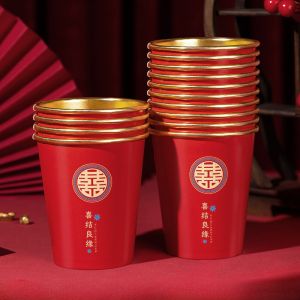Wedding Gold Foil Thickened Disposable Cups Red Color for Engagement Tea Ceremony High End Wedding Celebration Creative Gifts