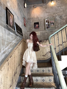 French Style Short Dress For Women With Waist Tie And Lace Details Casual Summer Dress With Patchwork Elements