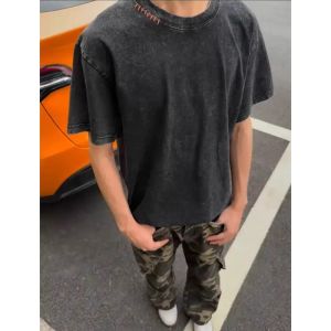 Black Washed Vintage Short Sleeve Mens T-shirt Summer Oversize Heavyweight American Retro Half Sleeve Breathable Polyester