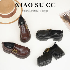 แฟชั่นรองเท้าโลฟเฟอร์หนาสำหรับผู้หญิง 2024 ฤดูใบไม้ร่วงใหม่รอบนิ้วเท้าส้นหนารองเท้าหนังขนาดเล็กVelcroรองเท้าส้นสูง