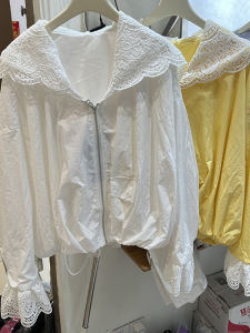 Lace Splice Short Coat Womens Loose Casual Versatile Sun Protection Spring Fashion Outerwear Double Layer Collar Zipper Closure