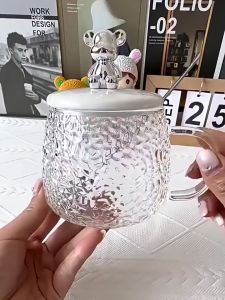 BOSSLU Gelas Susu/Gelas Kopi/Gelas Teh/Mug Gelas Dengan Tutup Cangkir Bentuk Beruang Serbaguna