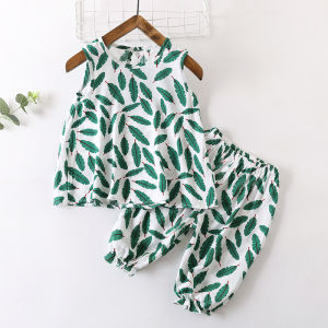 Stylish Summer Childrens Cotton Silk Sleepwear Set with Five-Point Pants Home Air Conditioning Clothes for Baby Girls