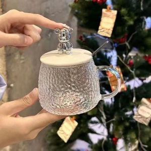 J.D. แก้วฝาหมีชงกาแฟ 400ML รูปหมี พร้อมฝาปิด+ช้อน ถ้วยนม Bear glass