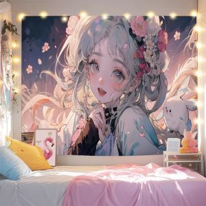 VIKAMA Sunflower Fairy Girl Tapestry Blue Sky Cloud Healing anime Illustration Background Cloth Warm Tapestry Room Decoration
