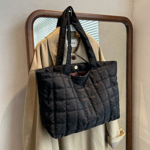 Large Capacity Cotton Tote Bag for Women Korean Style Diamond Pattern Shoulder Shopping Bag with Magnetic Buckle Closure