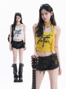 Áo Camisole Cổ Halter Màu Vàng Vintage Ôm Sát