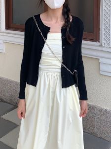 สีดำ ถัก คาร์ดิเกน เสื้อสเวตเตอร์ แขนยาวบางสั้น ผู้หญิง แจ๊กเก็ต ฤดูใบไม้ผลิ สินค้าใหม่ Asmallshop สีบริสุทธิ์สไตล์การเดินทาง