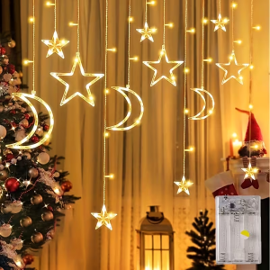 Star Moon LED Lights Warm/Multicolor Christmas Garland Lamp Battery Powered Curtain Fairy Light for Holiday Party Ramadan Decor