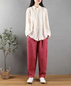 New Vintage Spring Autumn Pure Cotton Long Sleeve Polo Collar Embroidery Shirt 3D Thread Stitching Artistic White Top