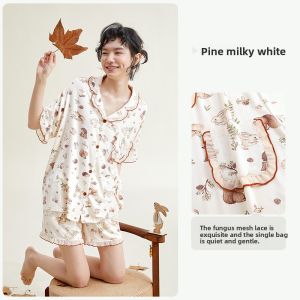 yuenei | Cool Feeling Womens Summer Sleepwear Modal Ice Silk Thin Short Sleeve Shorts Home Clothes Large Size Button Decoration Casual