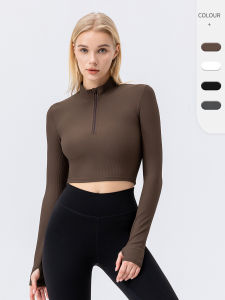 Womens Zipper Long Sleeved Yoga Jacket Tight Fitting High Elasticity Sports and Fitness Crop Top
