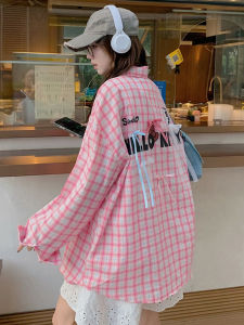Early Autumn Cartoon Hello Kitty Three-Dimensional Bows Pink Plaid Shirt Female Dongdaemun Long Sleeves Tops Sweet College Style