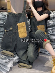 Retro Denim Overalls Womens Spring New Large Size Pear Shape Small Figure Slimming Workwear Wide Leg Jumpsuit Cotton Blend