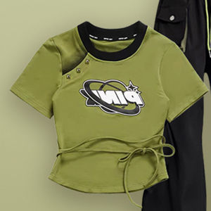 Retro American Printed Two-Piece Set: Sweet and Spicy Summer Outfit with Short Sleeve T-Shirt Crewneck Pullover and Work Pants