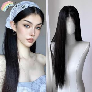 Mái Tóc Giả Ren Trước 26 Inch Màu Đen 13x4 Dành Cho Nữ Tóc Giả Tổng Hợp Kiểu Lolita Tóc Thẳng Chất Liệu Sợi Chịu Nhiệt Dùng Hàng Ngày Dự Tiệc Cosplay