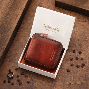 【Genuine Cowhide Leather】CHANPINCL Brand Mens Wallet Vintage Hot Sale Luxury First Layer Cowhide Short Zipper Retro Male Transverse Card Holder Multifunctional Purse