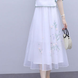 2024 Summer New Womens Embroidered Dress Set Yun Luo Brand Tweed Style Long Dress with Heart Collar Animal Patterned Middle Sleeve A-Line Skirt