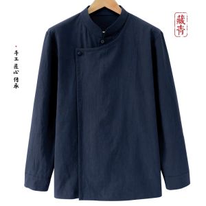 Loose Fit Cotton Linen Mens Shirt Chinese Style Stand Collar Button up Traditional Hanfu Casual Breathable Long Sleeve Top