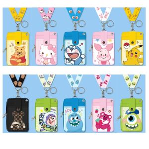 FUDESHE ซิปด้านข้าง ที่ใส่บัตรลายการ์ตูน พร้อมสายรัด พียู PU ฝาครอบป้องกัน ID แบบพกพาได้ เชือกคล้องคอ ผู้หญิงผู้ชาย