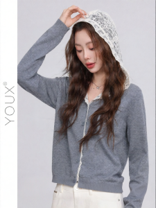 YOUXIANG | Áo Cardigan Len Thêu Voan Có Mũ Phong Cách Mới Mùa Xuân cho Phụ Nữ