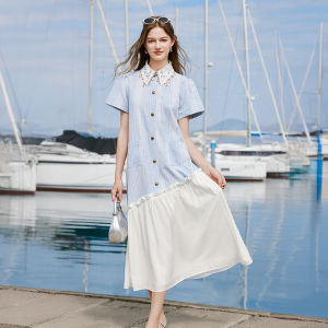 XIANGYING | Vacation Style Blue Striped Lace-spliced Shirt Dress