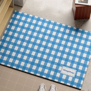 Blue Plaid Silk Circle Door Mat Customizable PVC Anti-Slip Dustproof Home Entrance Mat Easy Cleaning Rectangle Shaped Rug