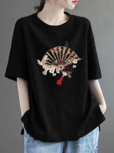 plus Size 300 Pounds Summer T-Shirt round Neck Short Sleeve Printed Slimming Belly Covering Korean Style Cotton Blend Womens Top