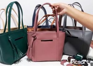 Tote Bag Wanita Elegan Rumbai Polos Desain Modern Kulit Imitasi Ghl Behel