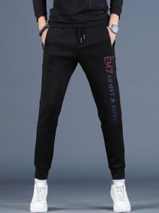 Fashionable Mens Thickened Fleece Lined Printed Slim Fit Casual Pants Autumn Winter Sporty Long Trousers Comfortable Cotton Blend