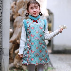 New Chinese Style Childrens Cheongsam Winter Cotton Vest Dress Girls New Year Visiting Costume Thickened Backless Midi Dress