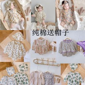 รอมเปอร์สูทแขนยาวสำหรับเด็กทารกอายุ0-2ปีแถมหมวกชุดวันพีซผ้าฝ้ายแท้ลายดอกไม้เล็กๆสำหรับเด็กหญิงใส่ในฤดูใบไม้ผลิชุดคอบัวสำหรับคลาน