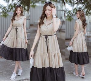 ●ECLAIRE● 026 Dress Midi Capsleeves Lengan Cap 2tone twotone two-tone Korea Kasual Casual Kerja Pesta 1447