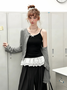 QIAOCHENXIAN | Lace Hem Bow Decorated Large Size Slim Fit Tank Top Women