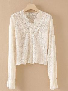 เสื้อเชิ้ตคอวีผู้หญิงสไตล์ย้อนยุคดีไซน์ใหม่ ปักลายตาข่าย ทรงสลิมฟิต เสื้อคาร์ดิแกนโปร่ง แขนยาว ปกติ สีพื้น