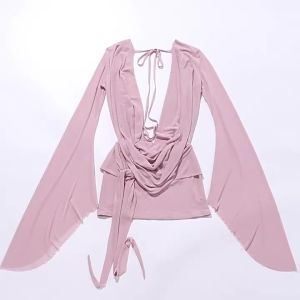 Beyprern Elegant Flare Sleeve V Neck Ruched Sheer Mesh Short Dress Pink Holiday Outfits Beach Cover-Up Dress Night Out Vestidos