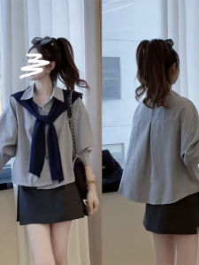 Korean Style Long Sleeve Striped Shawl Polo Neck Shirt Womens Autumn New Single Button Loose Casual Shirt Trendy