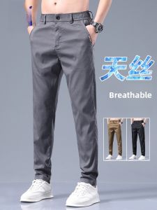 ROMON | Lormen Mens Slim Fit Casual Pants Summer Thin Ice Silk Business Suit Straight Leg Elastic Long Trousers Fashionable Urban Style