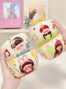 Cute Ceramic Rice Bowl for Family Use 4.5 Inch High Aesthetic Value Meal Bowls Soft Healing Style Cartoon Animation Patterns