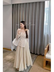 Light Beige Floral Silk Pleated Cotton Linen Skirt High Waist A-Line Long Skirt Commute Style Polyester Fabric 18-24 Years Old